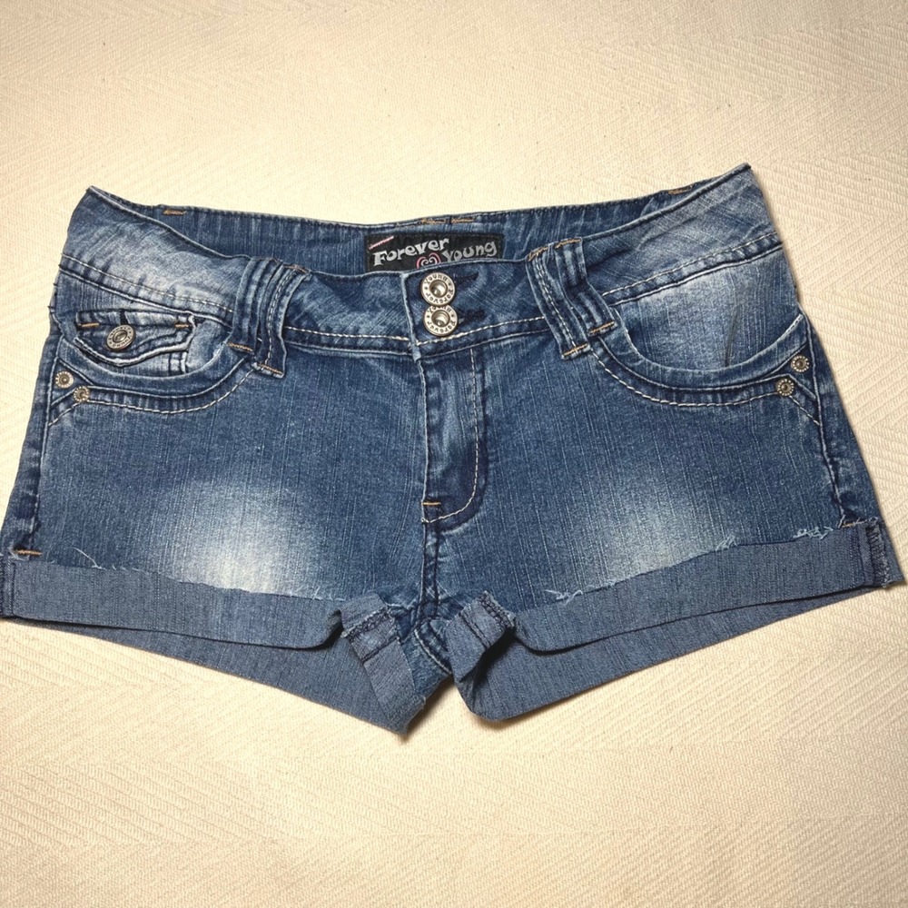 Vintage Y2K Angels Denim Mini Shorts Blue Low Rise Cuffed Size 7